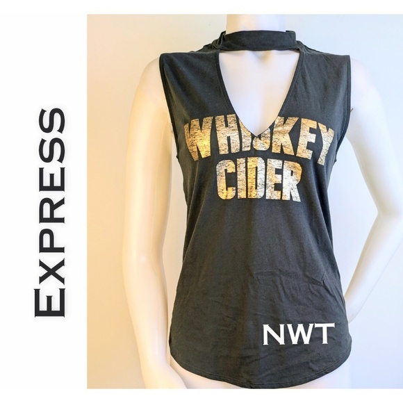 NEW Express Whiskey Cider Cutout Tank Tee Small Charcoal Gray & Gold V-Neck - Picture 1 of 8